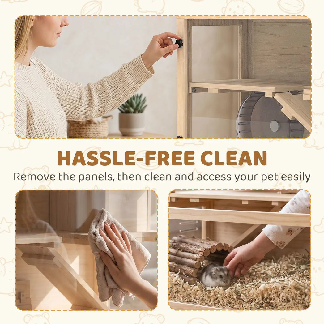 PawHut Wooden Hamster Cage with Hut, Wheel, Ramps and Removable Viewing Panels, 80 x 50 x 84 cm, Natural