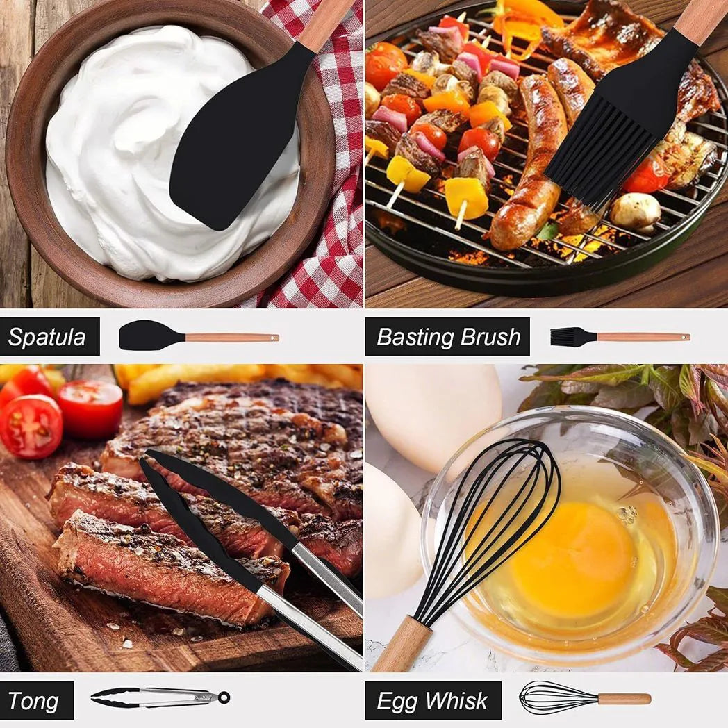 12 Piece Silicone Kitchen Utensil Set with Wooden Handles – Non-Stick Spatula, Ladle, Tongs & Whisk, Black
