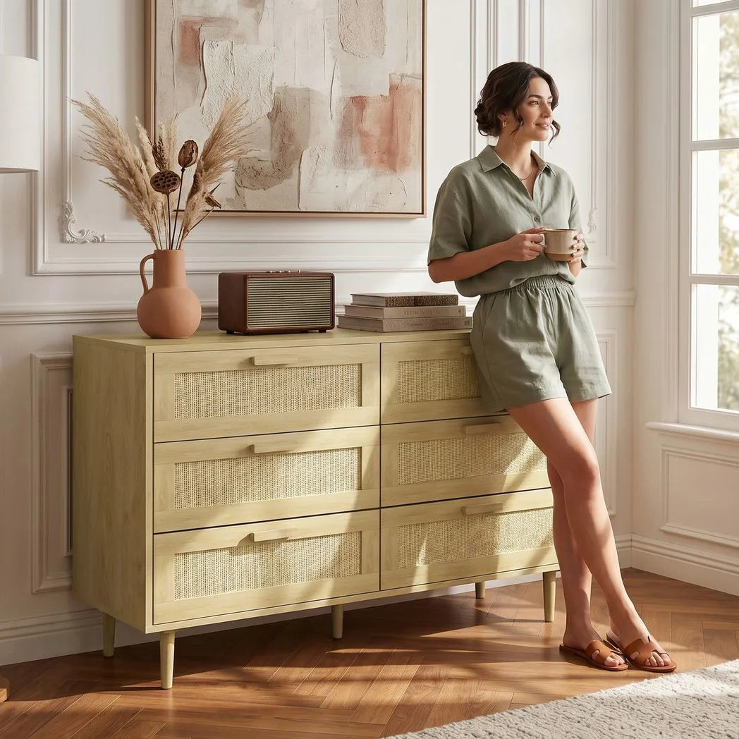 HOMCOM 6-Drawer Tall Chest of Drawers with Rattan Elements – Boho Bedroom and Living Room Storage Unit, Oak