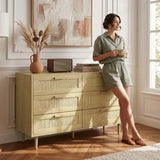 HOMCOM 6-Drawer Tall Chest of Drawers with Rattan Elements – Boho Bedroom and Living Room Storage Unit, Oak