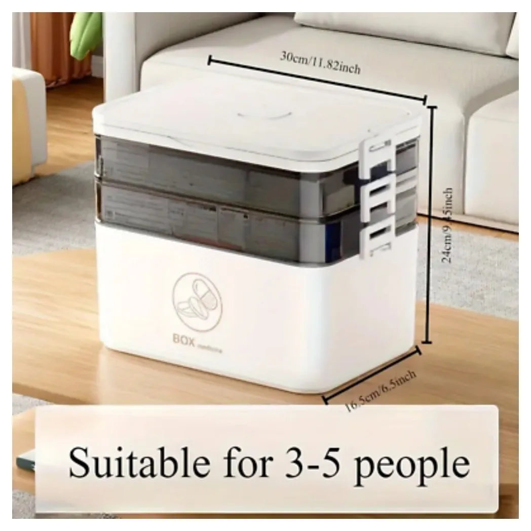 3-Tier Medicine Storage Box – Large Capacity Dustproof Organiser with Compartments, Clear and White