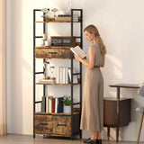 HOMCOM Industrial Bookcase with 4 Open Shelves & 3 Fabric Drawers – Slim 176cm Storage Shelf, Brown/Black
