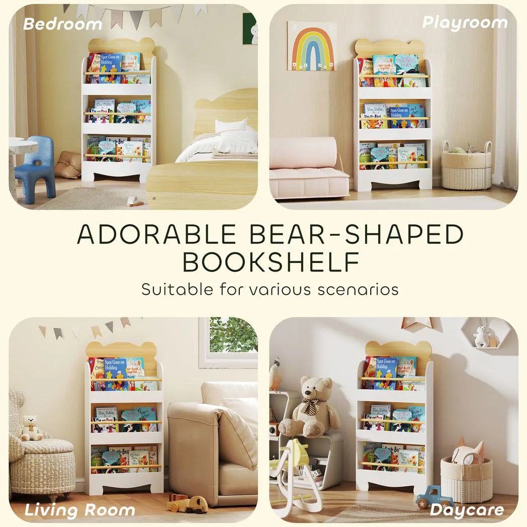 AIYAPLAY Kids 3-Tier Bookshelf with Bear Design, Anti-Tip Device and Guardrails – Children's Bookcase, White