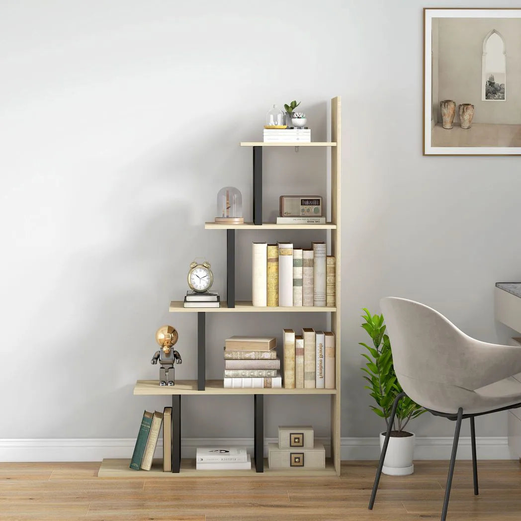 HOMCOM 5-Tier Ladder Bookcase with Anti-Tilt Device – Wooden Display Shelf Unit for Study and Living Room, Oak