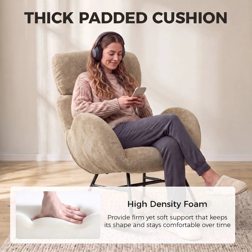 HOMCOM Upholstered Rocking Chair with Adjustable Headrest – Raindrop Velvet, Rubberwood Base, Light Brown