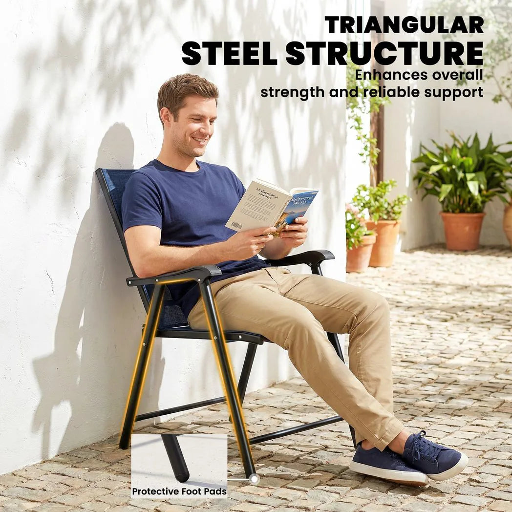 Outsunny Set of 2 Folding Garden Chairs with High Back, Armrests & Texteline Seat – Navy Blue