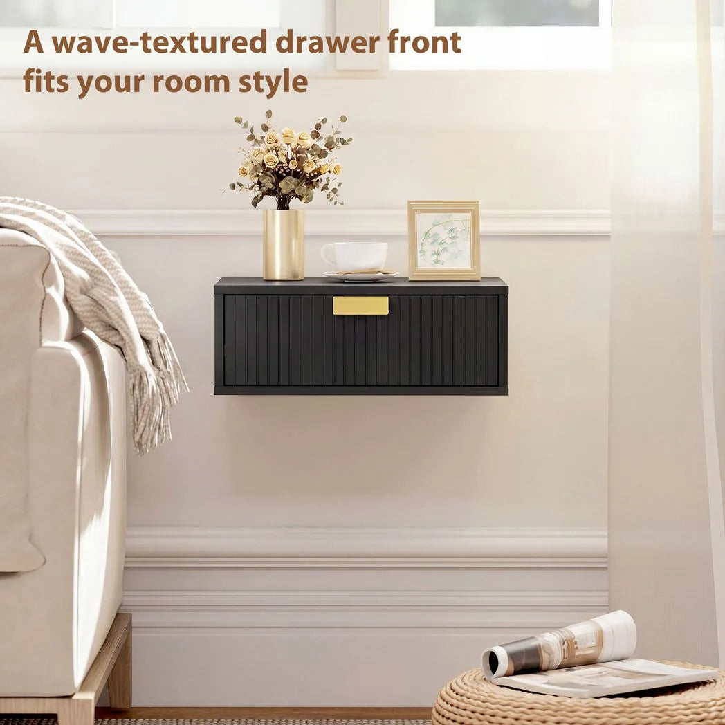 HOMCOM Set of 2 Floating Bedside Tables with Wave Drawer – Wall-Mounted Stackable Nightstands, Black