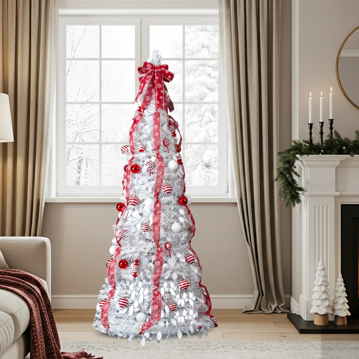 6ft White Pop-Up Pre-Lit Christmas Tree, Fully Decorated with 100 Warm White LEDs & Red Ornaments