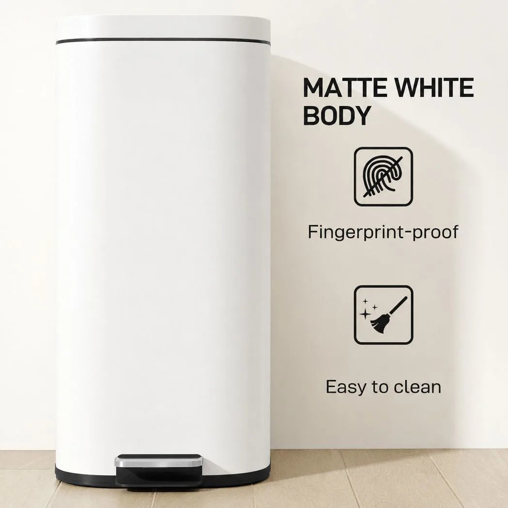 HOMCOM 30L Kitchen Pedal Bin with Soft-Close Lid – Compact Rubbish Bin with Removable Bucket, White