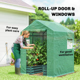Outsunny Walk-In Greenhouse with Galvanised Raised Bed & Roll-Up Windows, 141 x 141 x 190 cm, Green