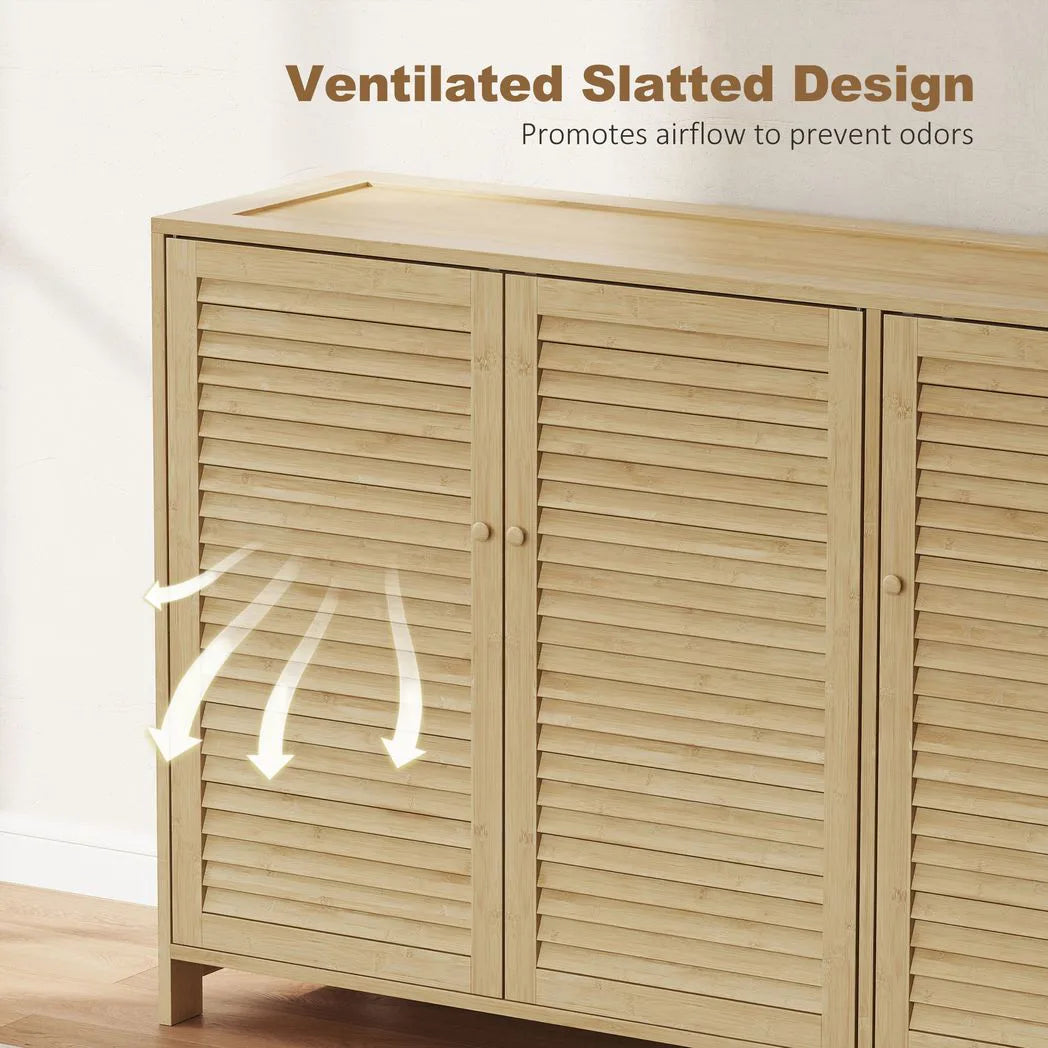 HOMCOM Bamboo Shoe Cabinet with Louvred Doors and Adjustable Shelves – Holds 18 Pairs, Natural