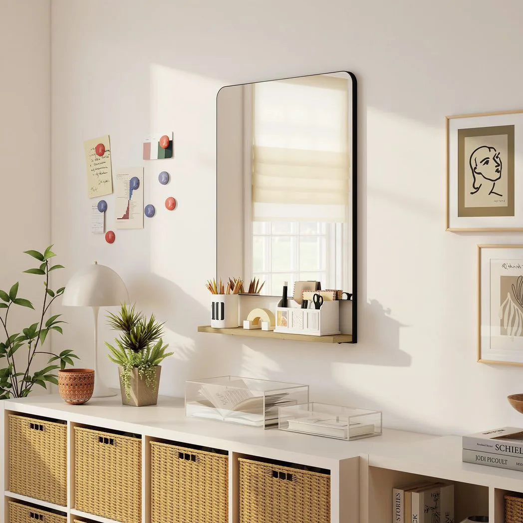 HOMCOM Wall Mirror with Wood Shelf – Black