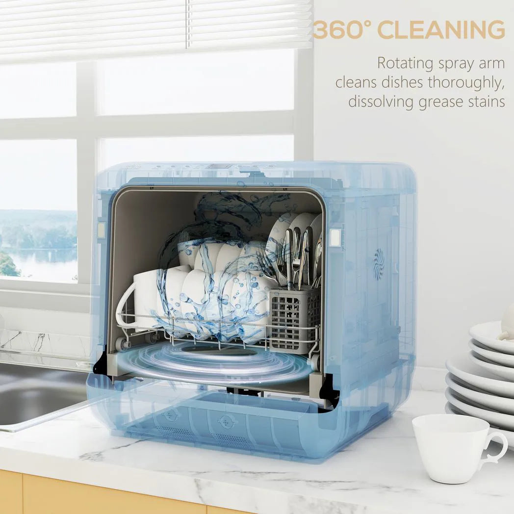 HOMCOM 6L Tabletop Dishwasher with 5 Wash Modes and 70°C Hot Wash – Portable Countertop Dishwasher, White