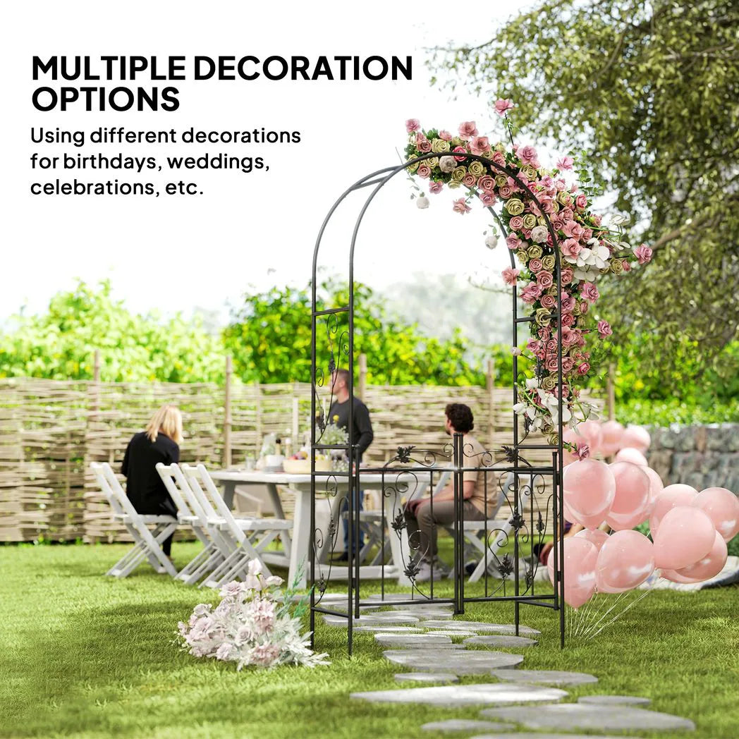 Outsunny 2.17m Steel Garden Arch with Gate – Wedding Arch Plant Support, 107 x 45 x 217cm, Black