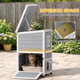 PawHut Wooden 2-Floor Outdoor Cat House with 3 Doors, Window and Asphalt Roof – Kitten Shelter, Grey