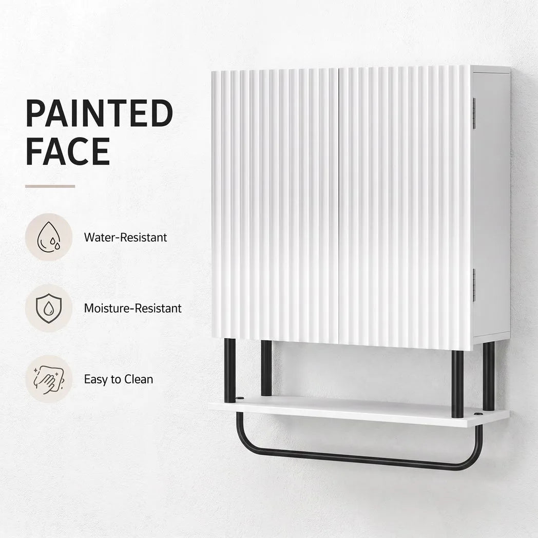 HOMCOM Bathroom Wall Cabinet with Doors and Towel Bar – Wall-Mounted Space-Saving Storage, White