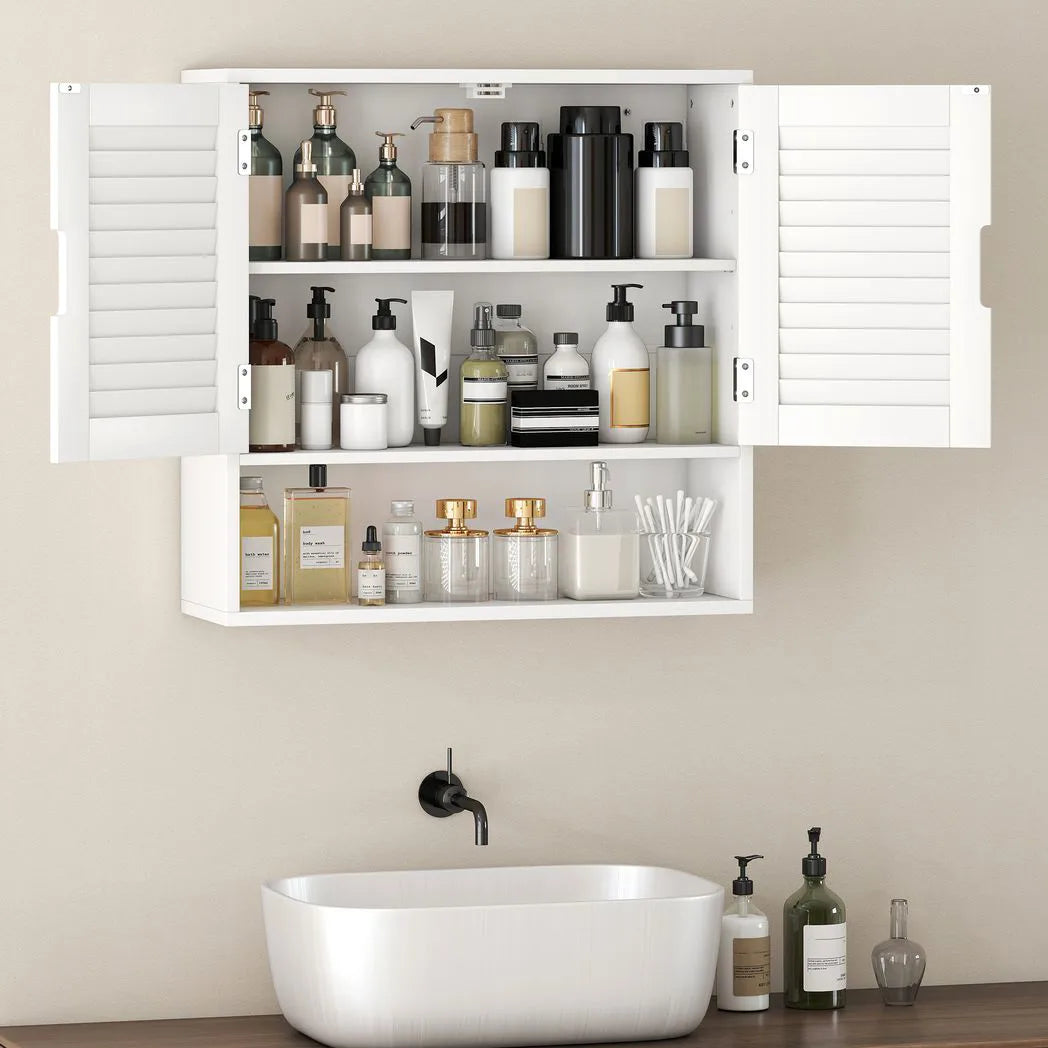 HOMCOM Wall Mounted Bathroom Cabinet with Adjustable Shelves – 60 cm Louvred Door Storage, White