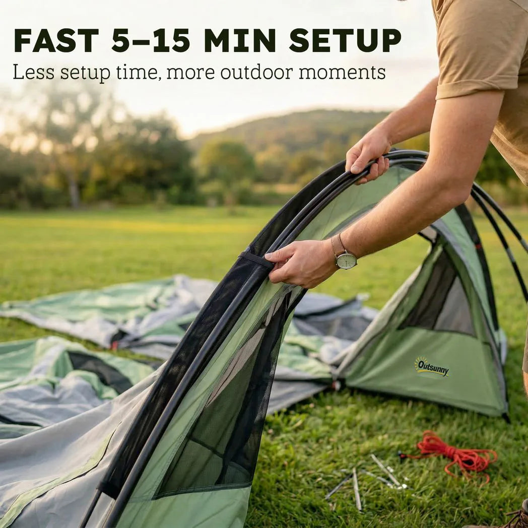 Outsunny 4 Person Family Camping Tent with 2 Rooms & Sewn-In Groundsheet – Waterproof Tunnel Tent, Green & Grey