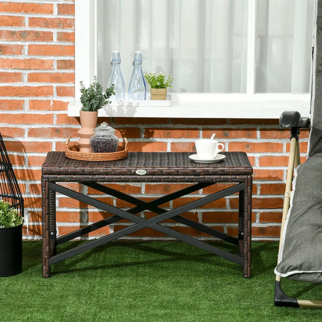 Outsunny Outdoor Rattan Coffee Side Table with X-Shape Steel Frame – Patio and Balcony Table, Mixed Brown