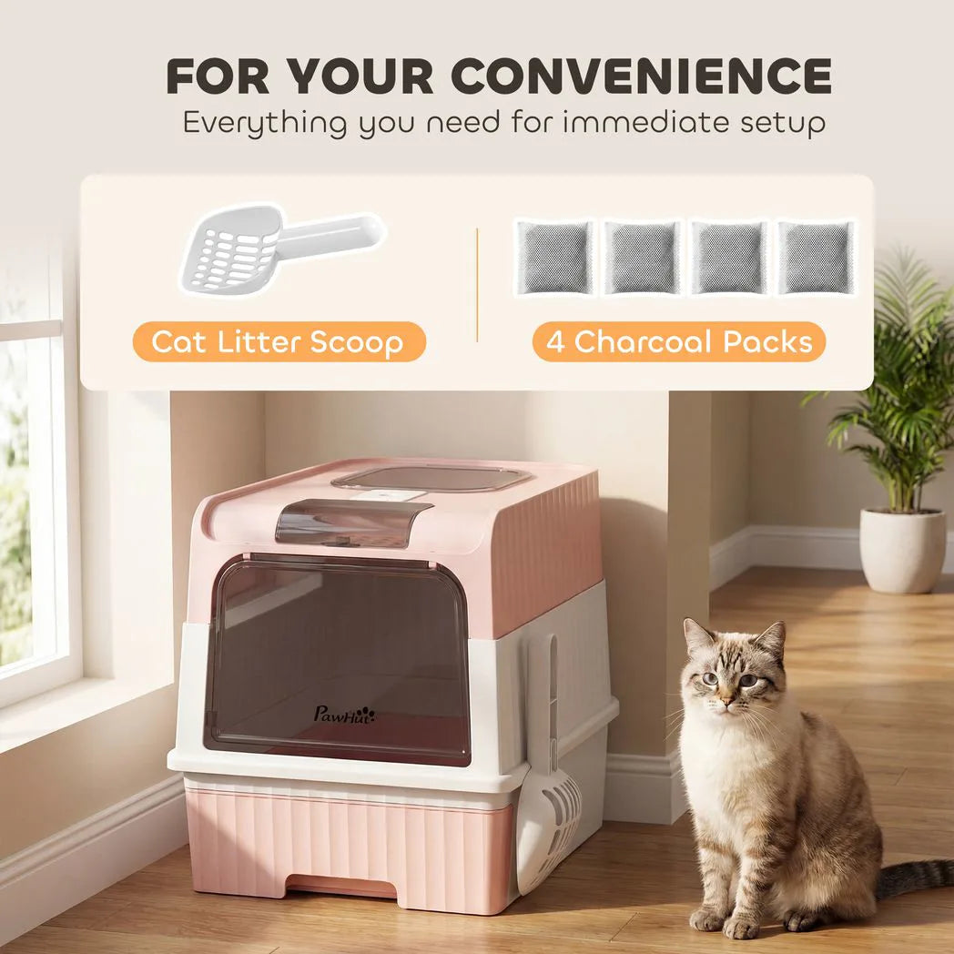 PawHut Enclosed Cat Litter Box with Pull-Out Drawer, Scoop & 2 Deodorisation Bags – Top Exit, Pink