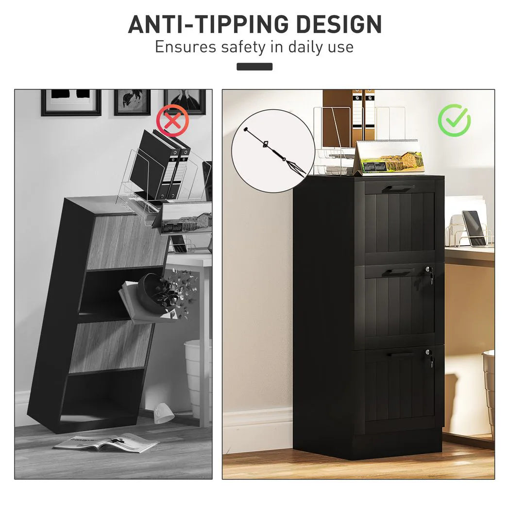 HOMCOM 3 Drawer Lockable Filing Cabinet with Adjustable Hanging Bars for A4 & Letter Files, Black