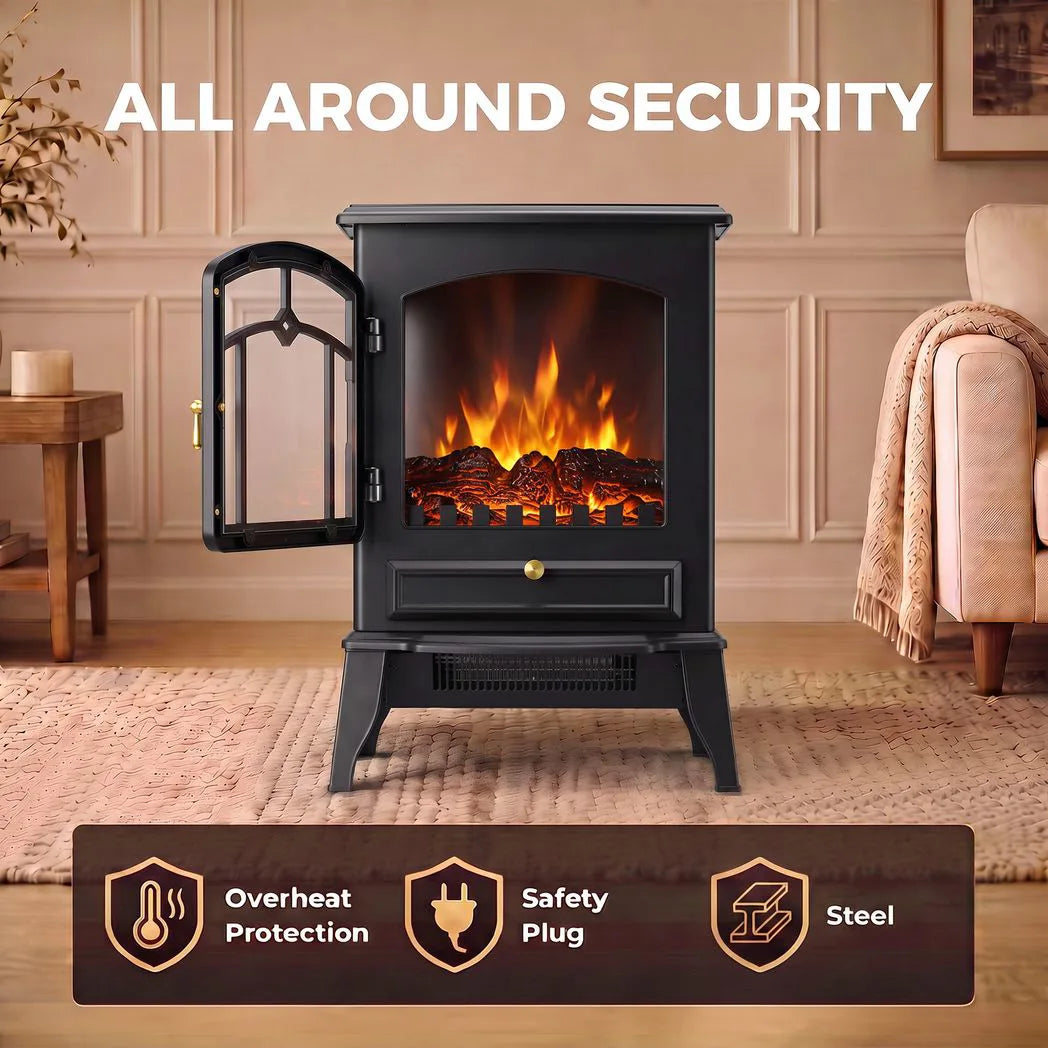 HOMCOM 3-Sided Electric Fireplace Stove, 1000W/2000W Freestanding Heater with 3D Flame Log – Black