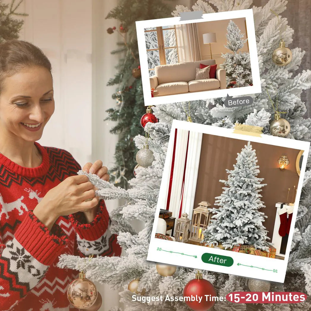 HOMCOM 6ft Snow Flocked Artificial Christmas Tree with 1528 Branch Tips, Foldable Metal Base – Festive Home Decor