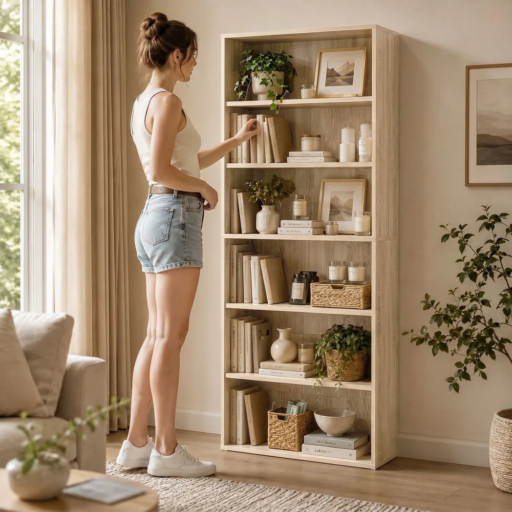 HOMCOM Six Shelf Bookcase with Adjustable Shelves and Anti-Tipping Kit – Display and Storage Unit, Oak