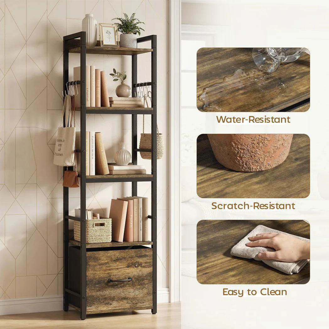 HOMCOM 4-Tier Narrow Bookcase with Drawer, 8 Hooks & Anti-Tip Straps – Slim Storage Shelf, Rustic Brown