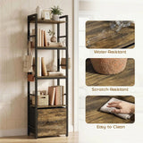HOMCOM 4-Tier Narrow Bookcase with Drawer, 8 Hooks & Anti-Tip Straps – Slim Storage Shelf, Rustic Brown