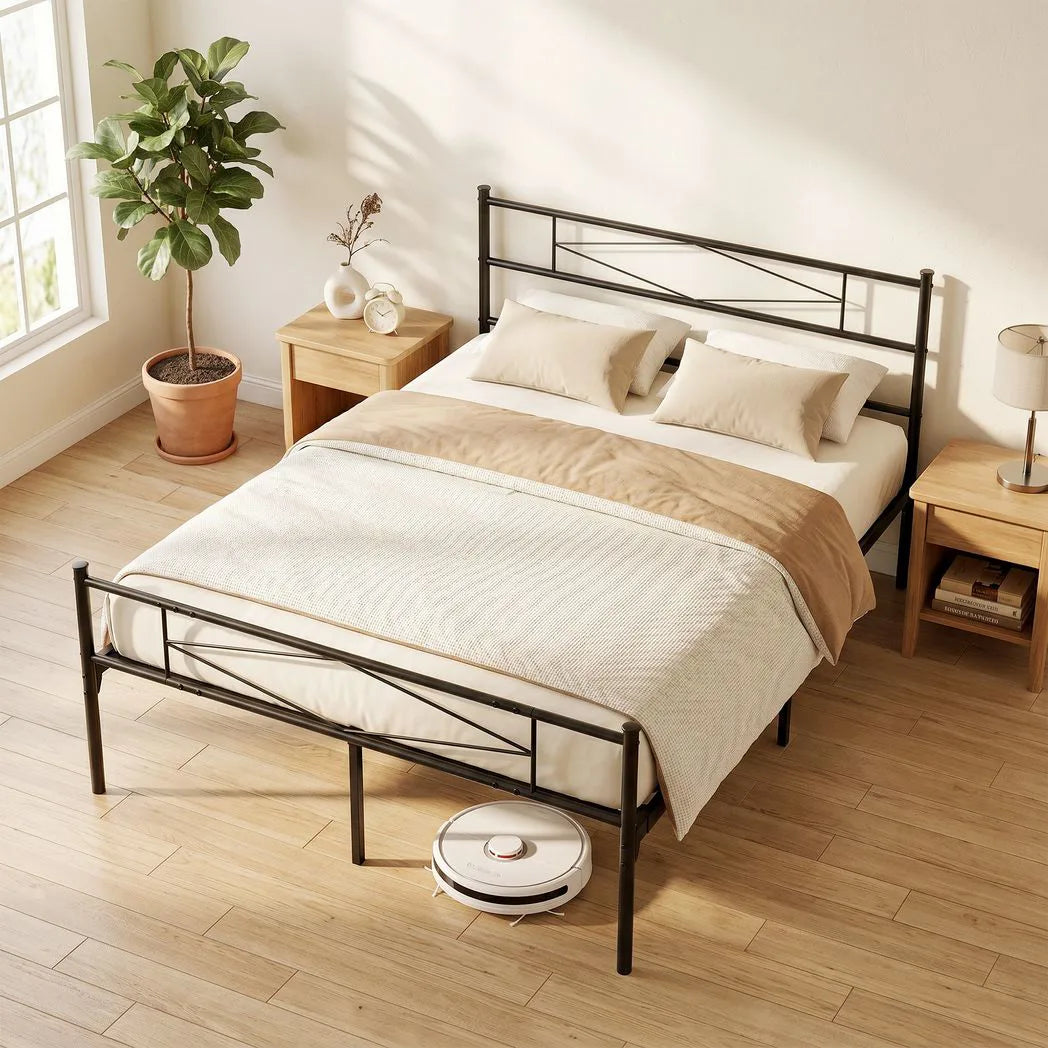 HOMCOM 4ft6 Double Metal Bed Frame with Diamond Headboard and Footboard – Platform Bed, Black