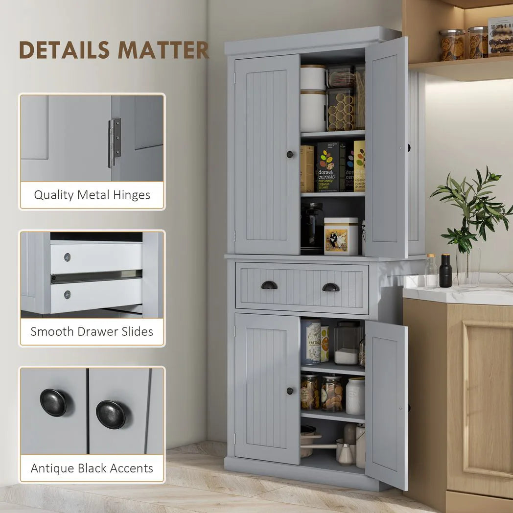 HOMCOM Mid-Century Kitchen Cabinet with Sliding Drawer and Adjustable Shelves – Larder Cupboard, Grey