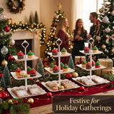 3-Piece 3-Tier Square Cake Stand Set – Afternoon Tea Serving Trays with Carry Loop, Embossed Tableware, White