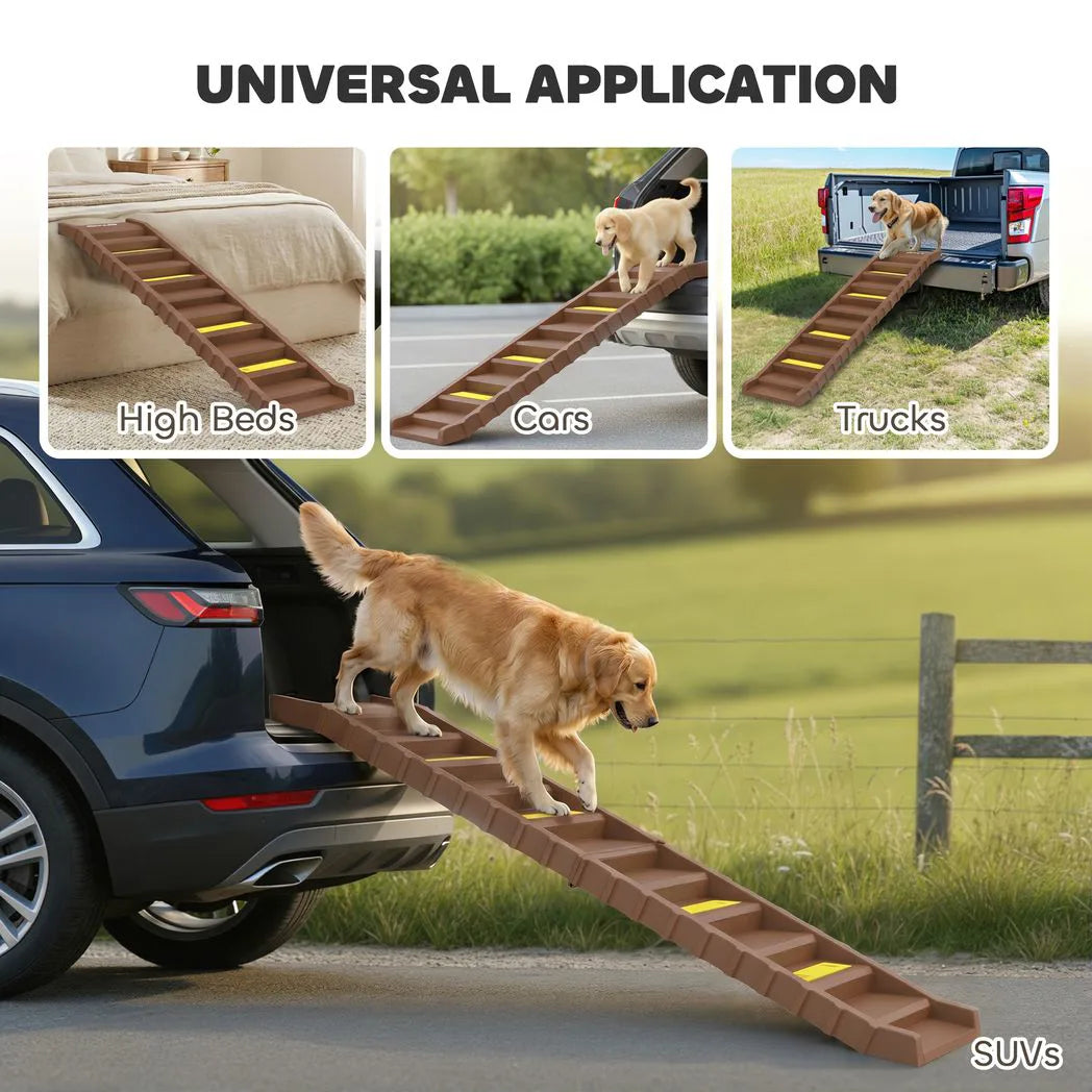 PawHut Dog Car Ramp with Anti-Slip Steps – 10-Step Foldable Pet Stairs for Cars and High Beds, Brown