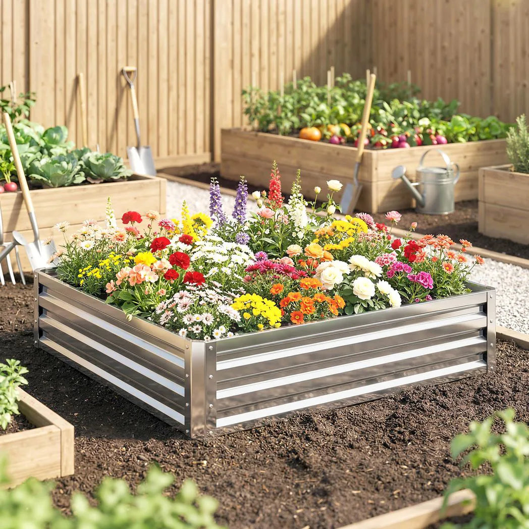 Outsunny 120 x 120 cm Raised Garden Bed with Galvanised Steel Frame – Open Base Planter for Vegetables and Herbs