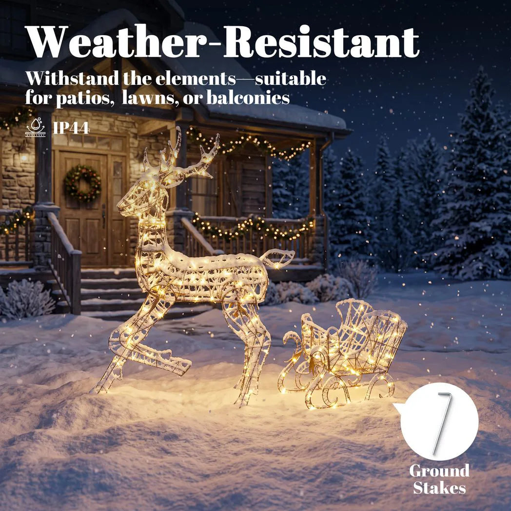 Outsunny Lighted Rattan Reindeer & Sleigh – 2 Piece