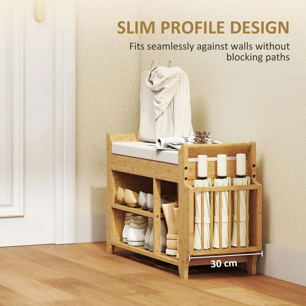 HOMCOM Bamboo Shoe Bench with Boot Section & Cushioned Seat, 80 x 30 x 50 cm – Natural & Cream