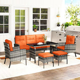 Outsunny 6 Piece Rattan Garden Sofa and Dining Set with Glass Table and Cushions, Orange