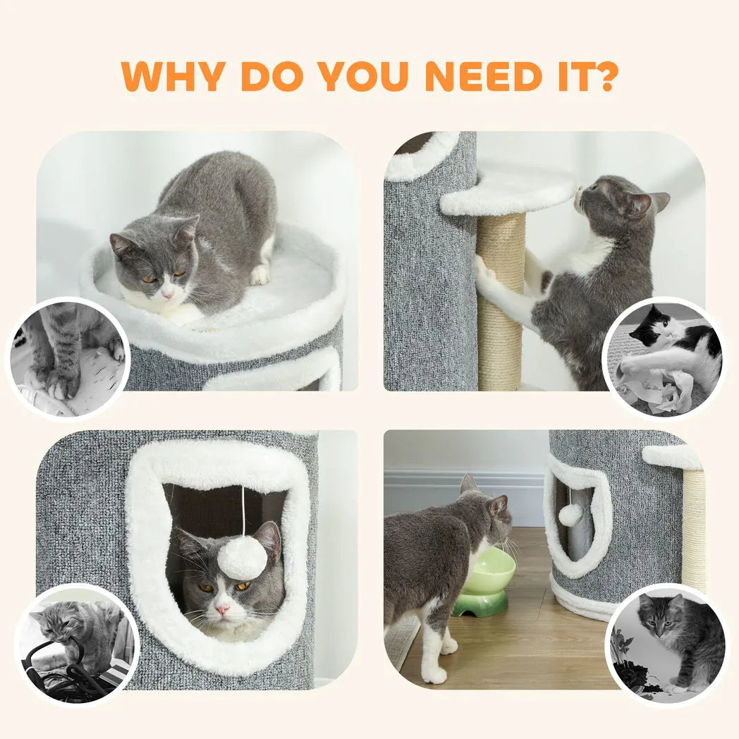 PawHut 101cm Cat Tree with Sisal Scratching Posts, 3 Barrel Condos – Indoor Cat Tower for Rest and Play