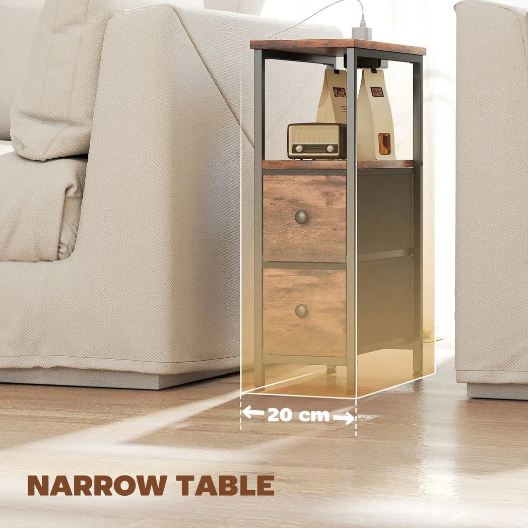 HOMCOM Narrow Bedside Table with Charging Station, 2 Fabric Drawers, AC Outlet and USB Ports, Industrial