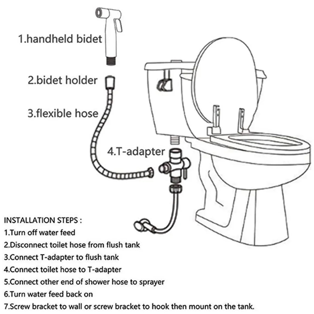Stainless Steel Handheld Bidet Sprayer Set – Toilet Shower Head with 1.5m Hose, T-Valve and Thread Adapters, Silver