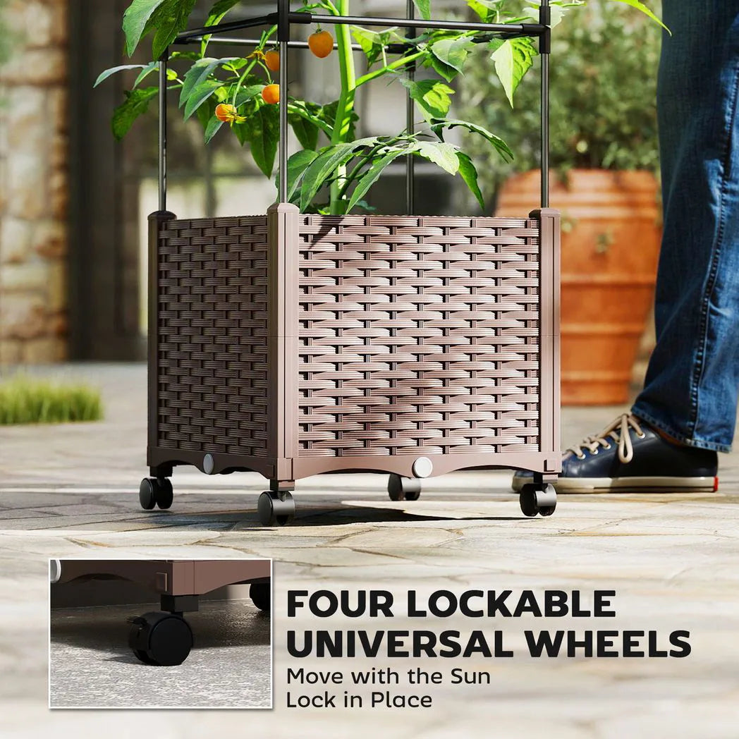 Outsunny Self-Watering Raised Garden Bed with Trellis & Lockable Wheels – 40 x 40 x 182cm, Brown