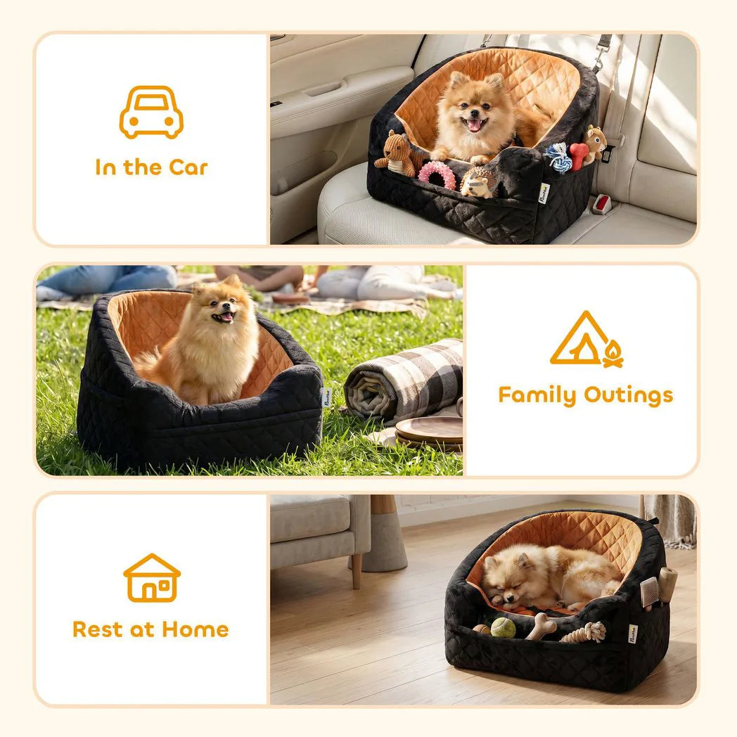 PawHut Dog Car Seat with Thick Cushion, Seat Belt and Side Pockets – Booster Bed for Dogs Under 10kg, Brown
