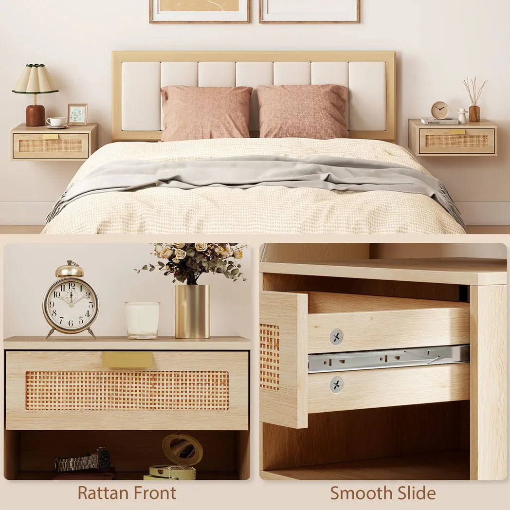 HOMCOM Set of 2 Floating Bedside Tables with Rattan Drawers – Wall Mounted Bedside Cabinets, Oak Wood Effect