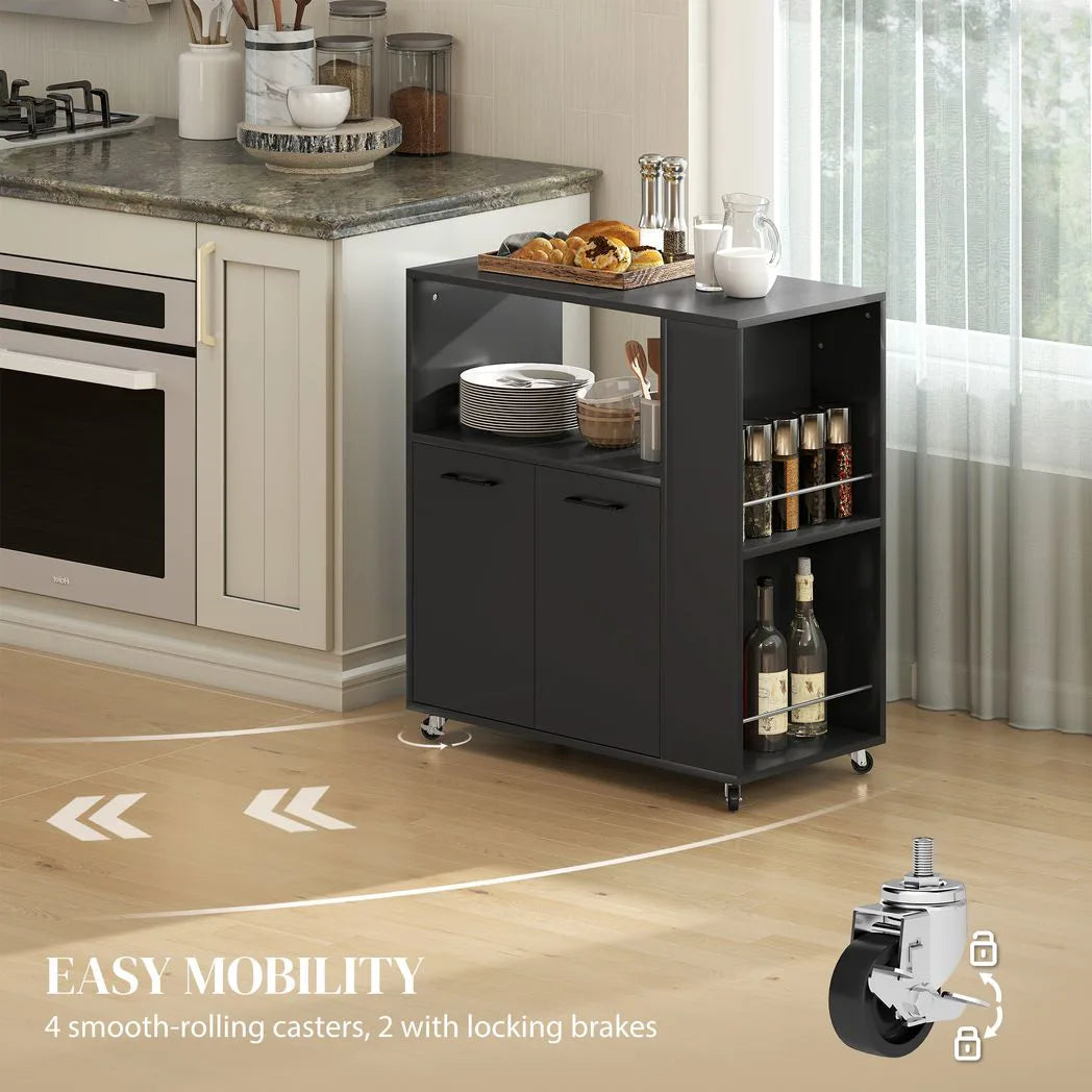 HOMCOM Kitchen Trolley with 2-Door Cabinet, Spice Racks and Adjustable Shelf – Rolling Island Cart, Black