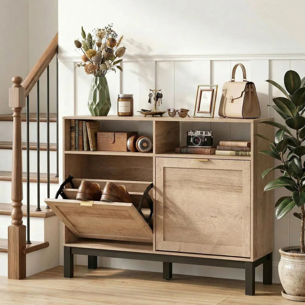 HOMCOM Narrow Shoe Cabinet with 2 Flip-Down Drawers & Open Shelves, Walnut Brown