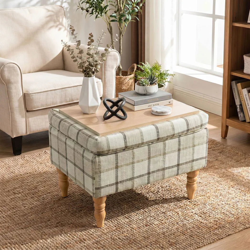 HOMCOM Linen Upholstered Footstool with Hidden Storage – Rectangular Ottoman with Flip-Top Tray Lid, Brown