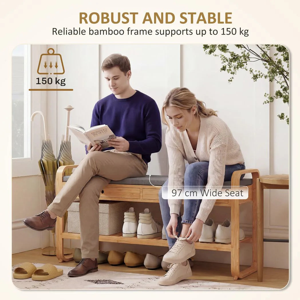 HOMCOM Bamboo Shoe Bench with 2 Drawers and Cushioned Seat – 105 cm, Natural and Grey