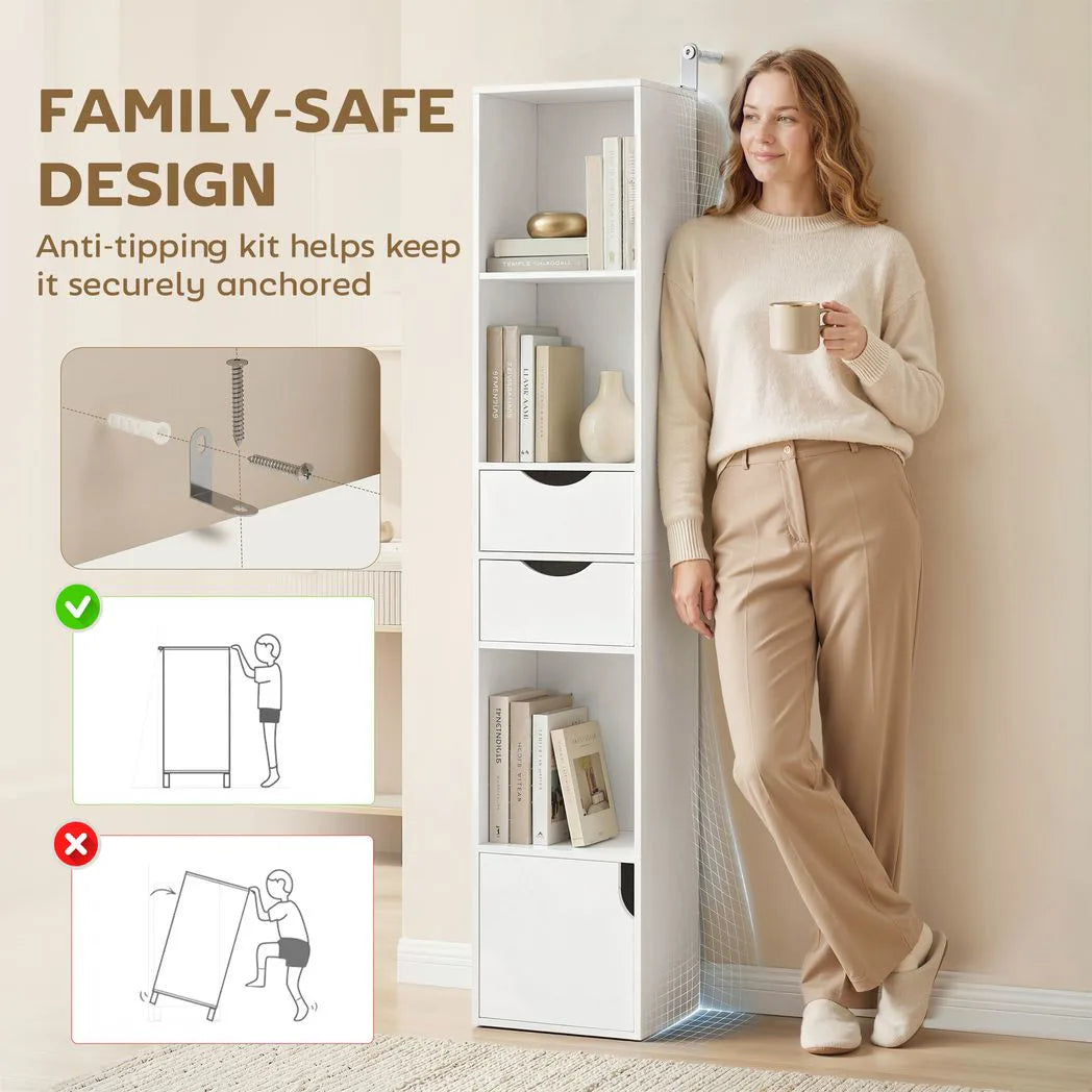 HOMCOM 158 cm Slim Bookcase with 2 Drawers, Cabinet and Adjustable Shelf – Space-Saving Bookshelf, White