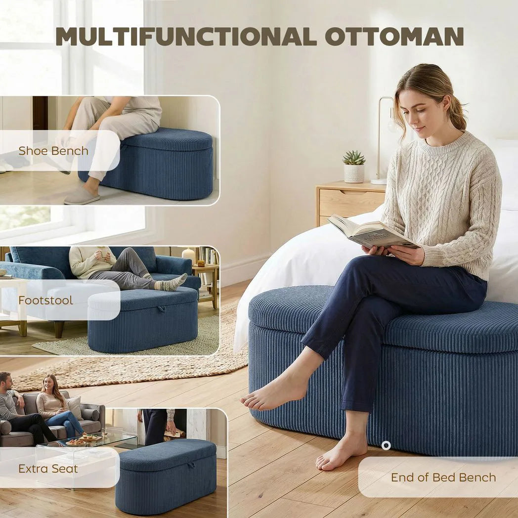 HOMCOM Corduroy Storage Ottoman Bench with Padded Seat and Hidden Storage, 105 x 51 x 49 cm, Blue